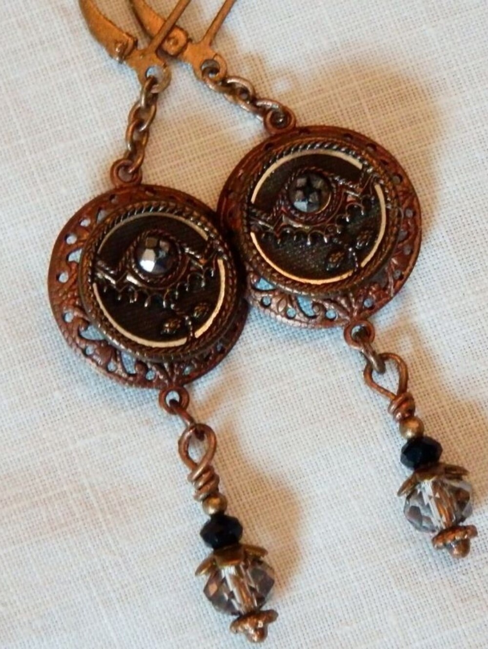 Antique Picture Button Earrings, Brass Button, Oxidized Brass, Victorian Boho